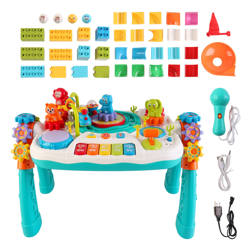 2 in 1 Multifunctional Bluetooth Learning Activity Table with Building Blocks Panel, Sound and Light Functions- Great Gift for Toddlers and Kids