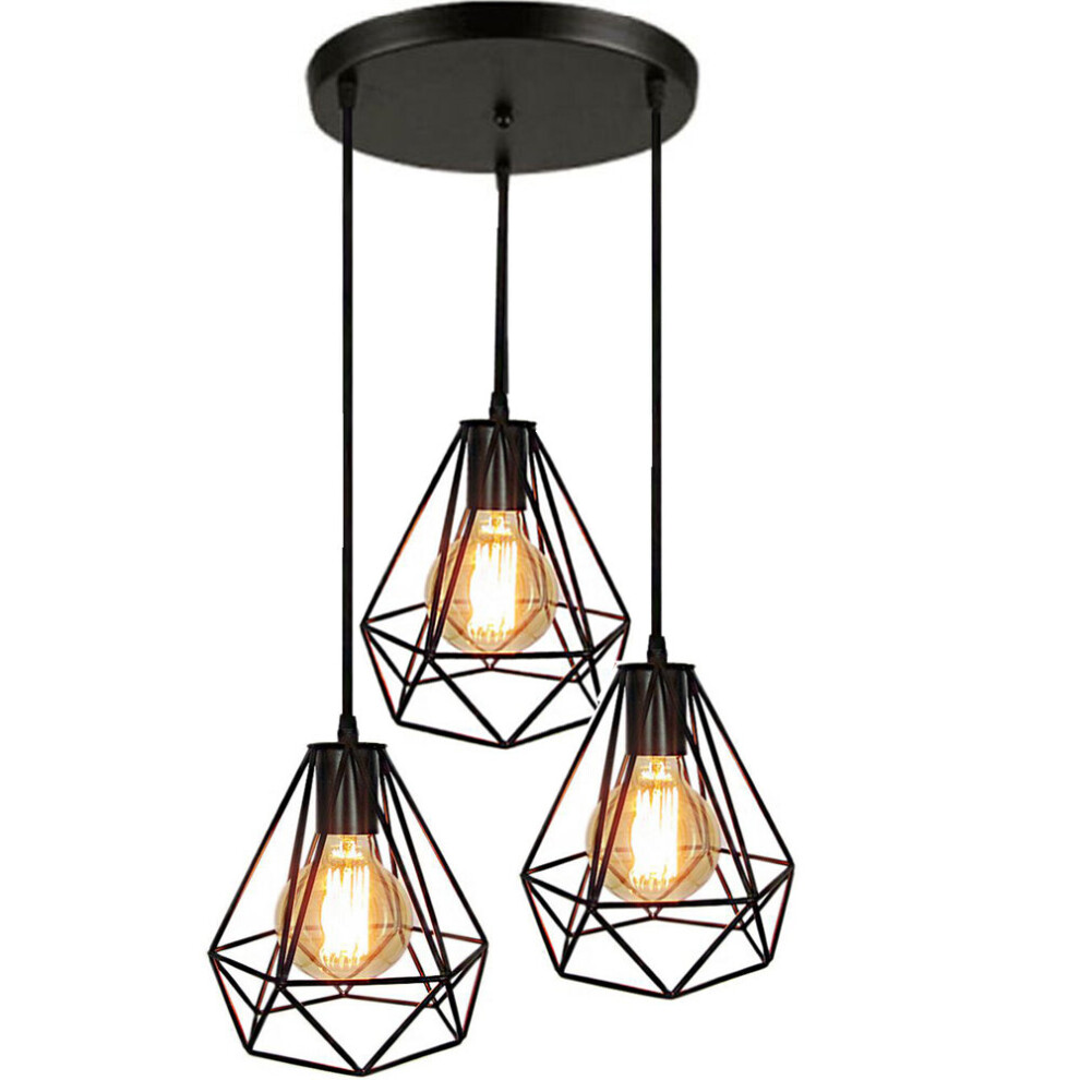 3 Lights Industrial Pendant Light Adjustable Diamond Ceiling Light   Retro Chandelier for Living Room Dining Room Bar Balcony Black