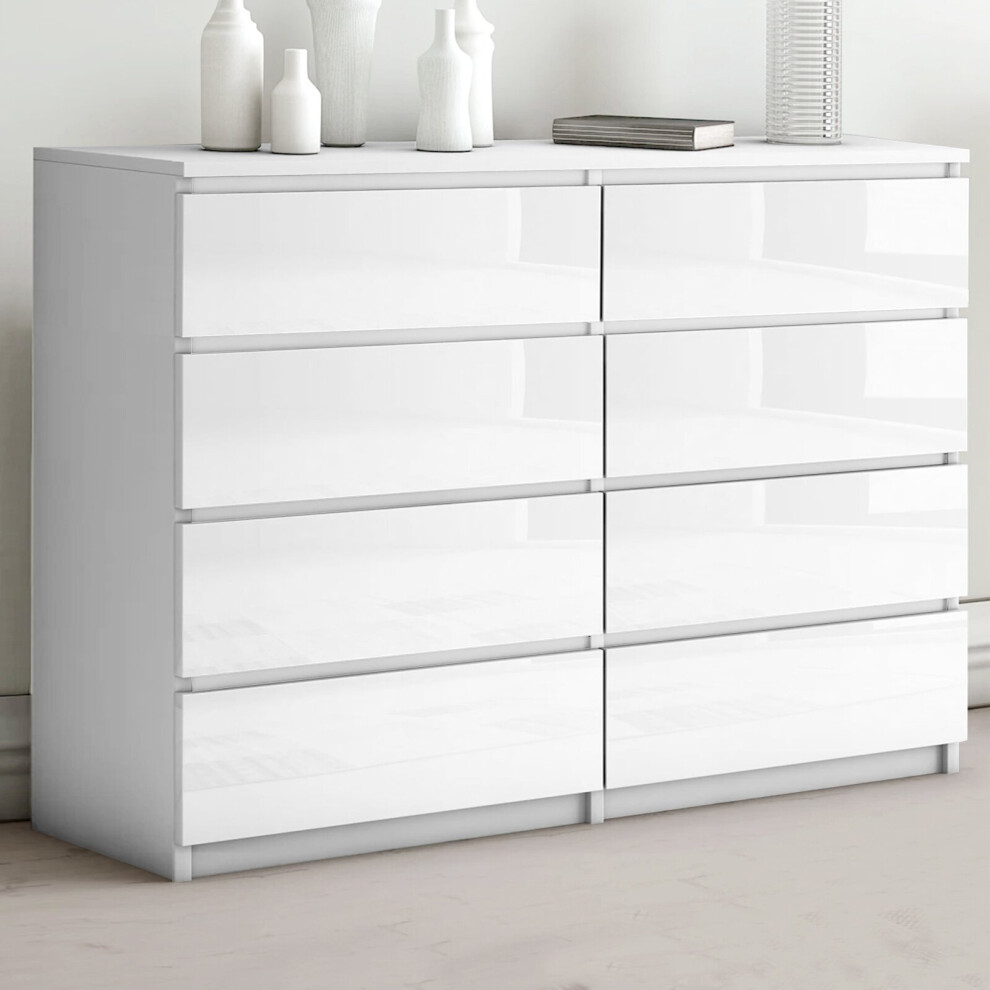 High Gloss Chest of Drawers Bedside Table cabinet 8 Draws Wide Bedroom Furniture