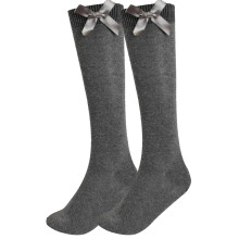 (Grey, 9-12) Girls Knee School Sock Plain Satin Bow Sock 3 Pack