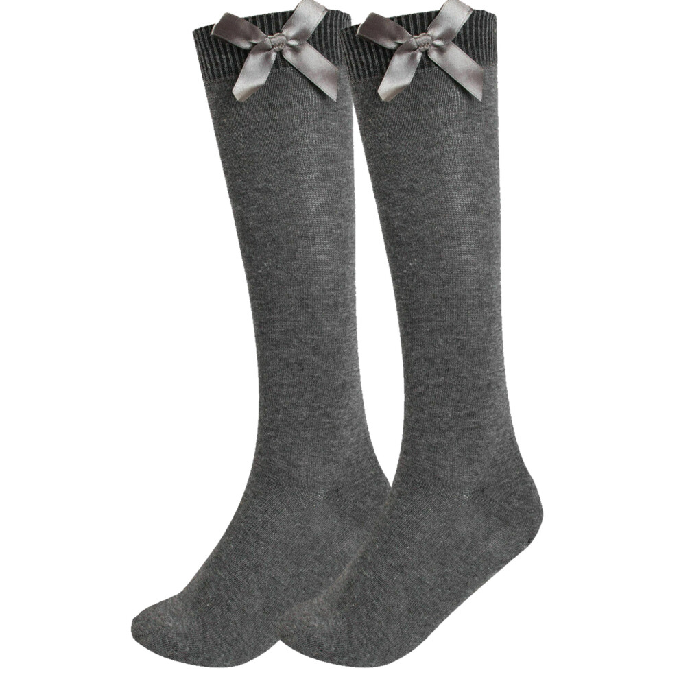 (, 9-12) Girls Knee School Sock Plain Satin Bow Sock 3 Pack Grey