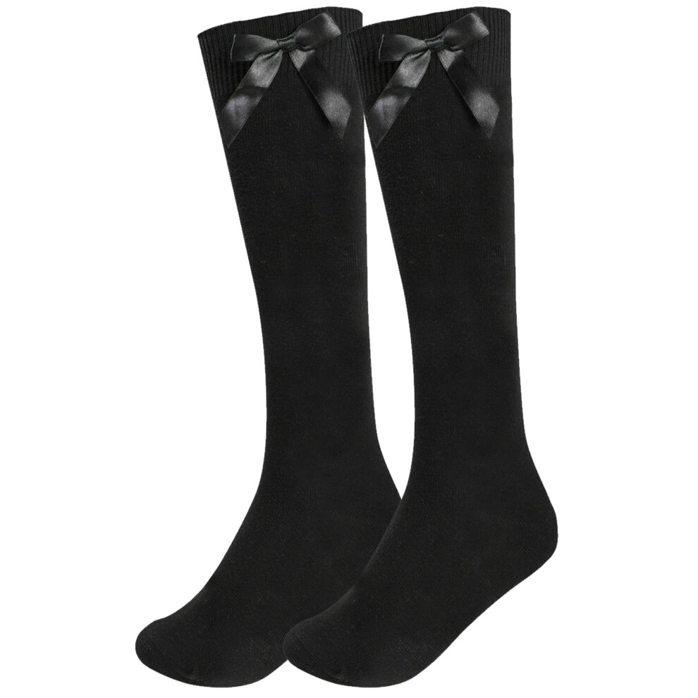 (, 9-12) Girls Knee School Sock Plain Satin Bow Sock 3 Pack Black