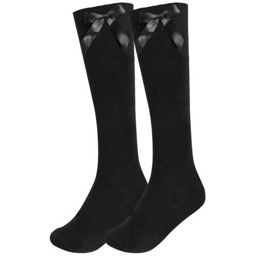 (Black, 4-7) Girls Knee School Sock Plain Satin Bow Sock 3 Pack
