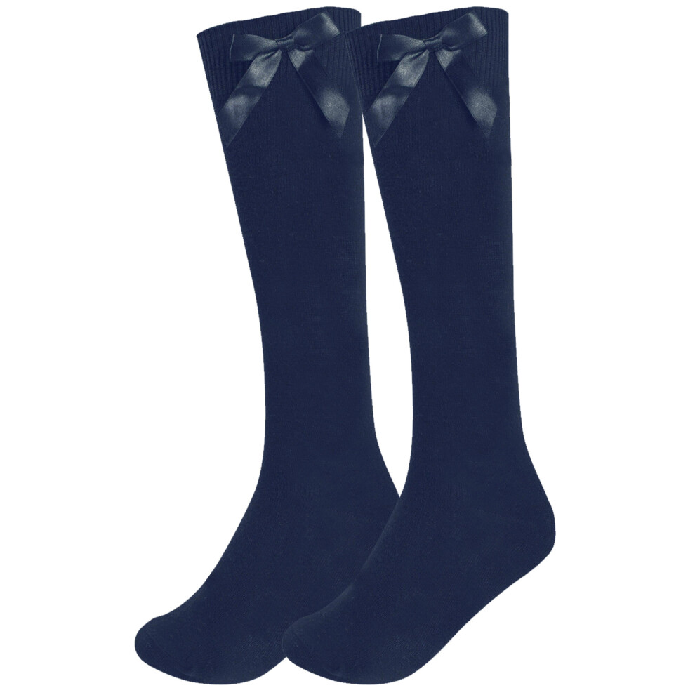 (, 12.5-3.5) Girls Knee School Sock Plain Satin Bow Sock 3 Pack Blue