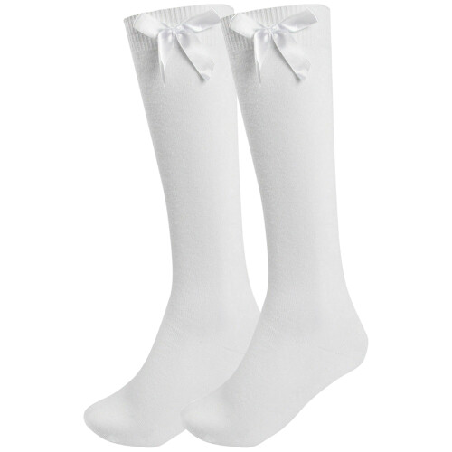 (White, 6-8.5) Girls Knee School Sock Plain Satin Bow Sock 3 Pack