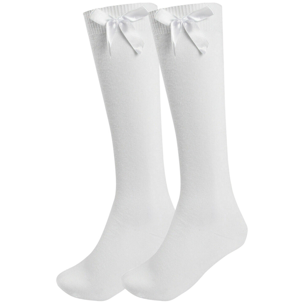 (, 6-8.5) Girls Knee School Sock Plain Satin Bow Sock 3 Pack White