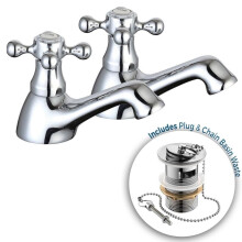 Traditional Chrome Bathroom Sink Taps Hot & Cold Pair & Waste