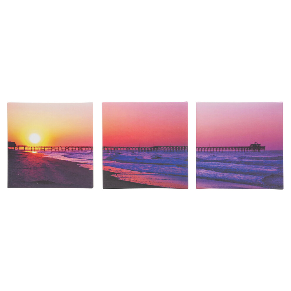 (Bridge & Pier Sunset) 3-set Split Picture Wood Canvas Art Sea & Flowers