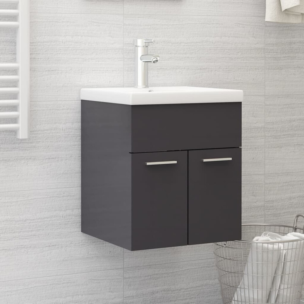 vidaXL Sink Cabinet with Built-in Basin High Gloss Grey Engineered Wood Rack