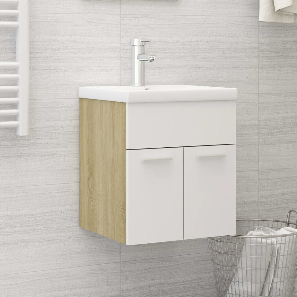 vidaXL Sink Cabinet with Built-in Basin White and Sonoma Oak Chipboard Rack