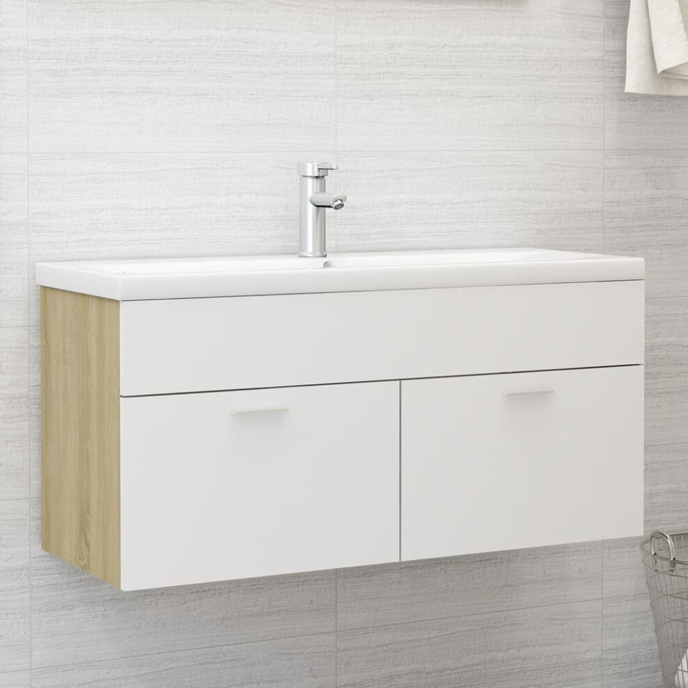 vidaXL Sink Cabinet with Built-in Basin White and Sonoma Oak Chipboard Rack