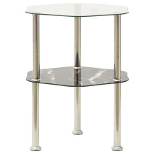 vidaXL 2-Tier Side Table Transparent&Black Marble Tempered Glass End table