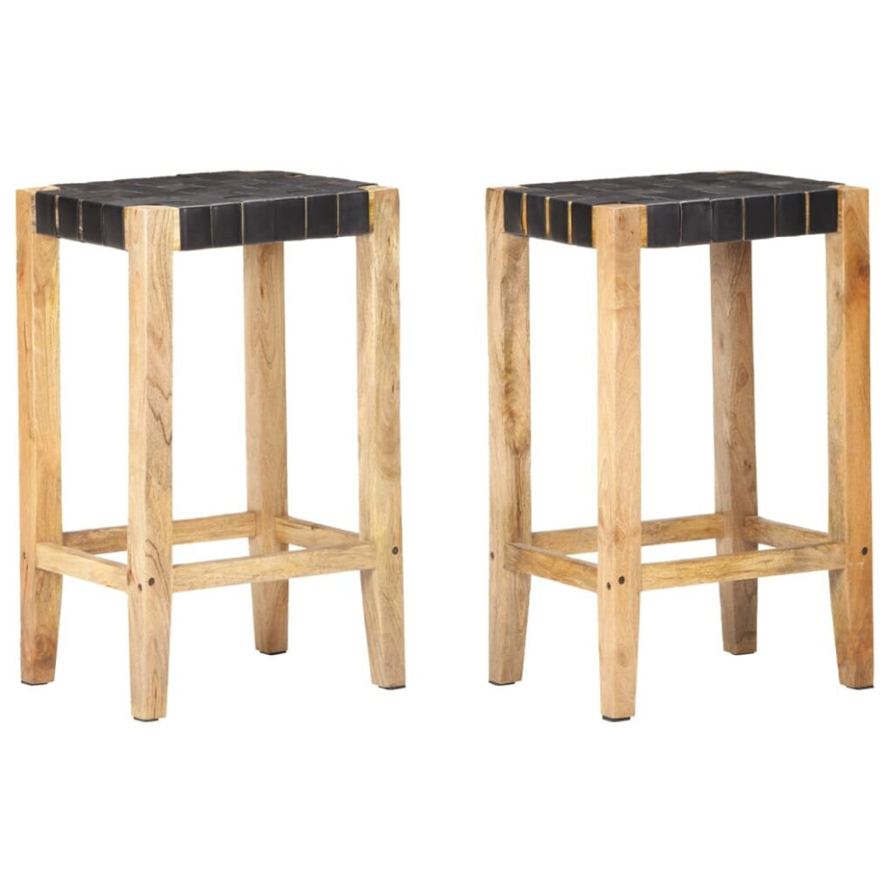 vidaXL 2x Bar Stools Black Real Leather Kitchen Dining Room Wooden Chairs