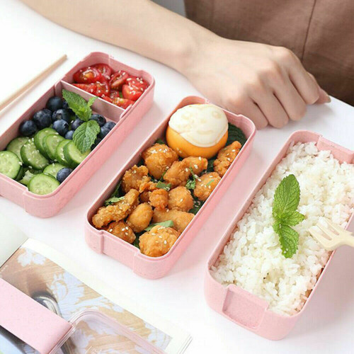(Pink) 3 Layer Lunch Box Spoon Dinnerware Bento Box Food Storage Container Microwave UK 2
