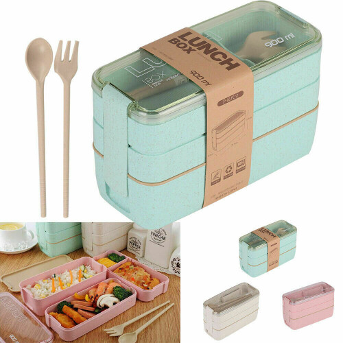 (Beige) 3 Layer Lunch Box Spoon Dinnerware Bento Box Food Storage Container Microwave UK