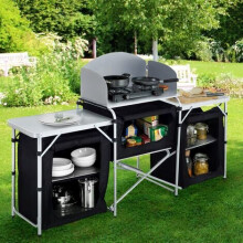 (Black - 175x40x110cm) Travel Camping Kitchen Stand Unit Folding Storage Table Portable Outdoor Cooking