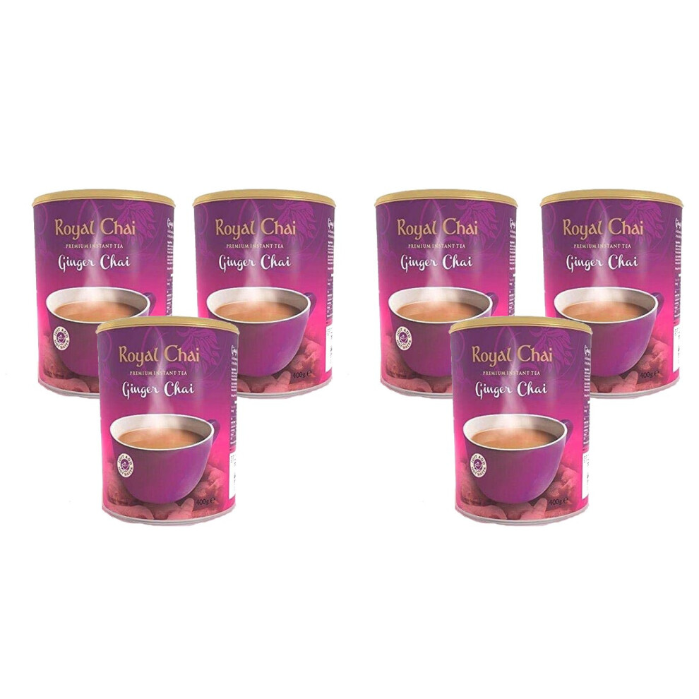 Royal Chai Ginger Sweetened Tub 400g (Pack of 6), Premium Instant Tea, Ginger Tea, Natural Instant Ginger Indian Tea