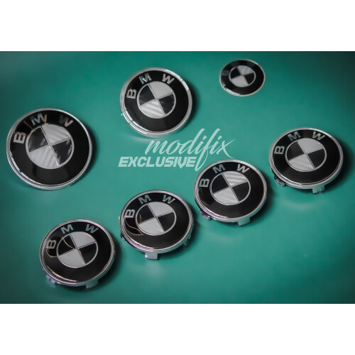modifix_co_uk BMW CARBON GREY Emblem Badge 7pcs Set: Front + Rear + Centre Caps + Decal 2