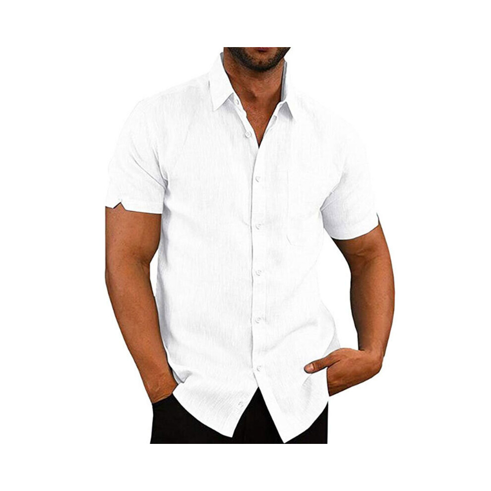 (White, L) Men's Cotton Linen Casual Short Sleeve Shirt Loose Tops Blouse Tunic Button-Down