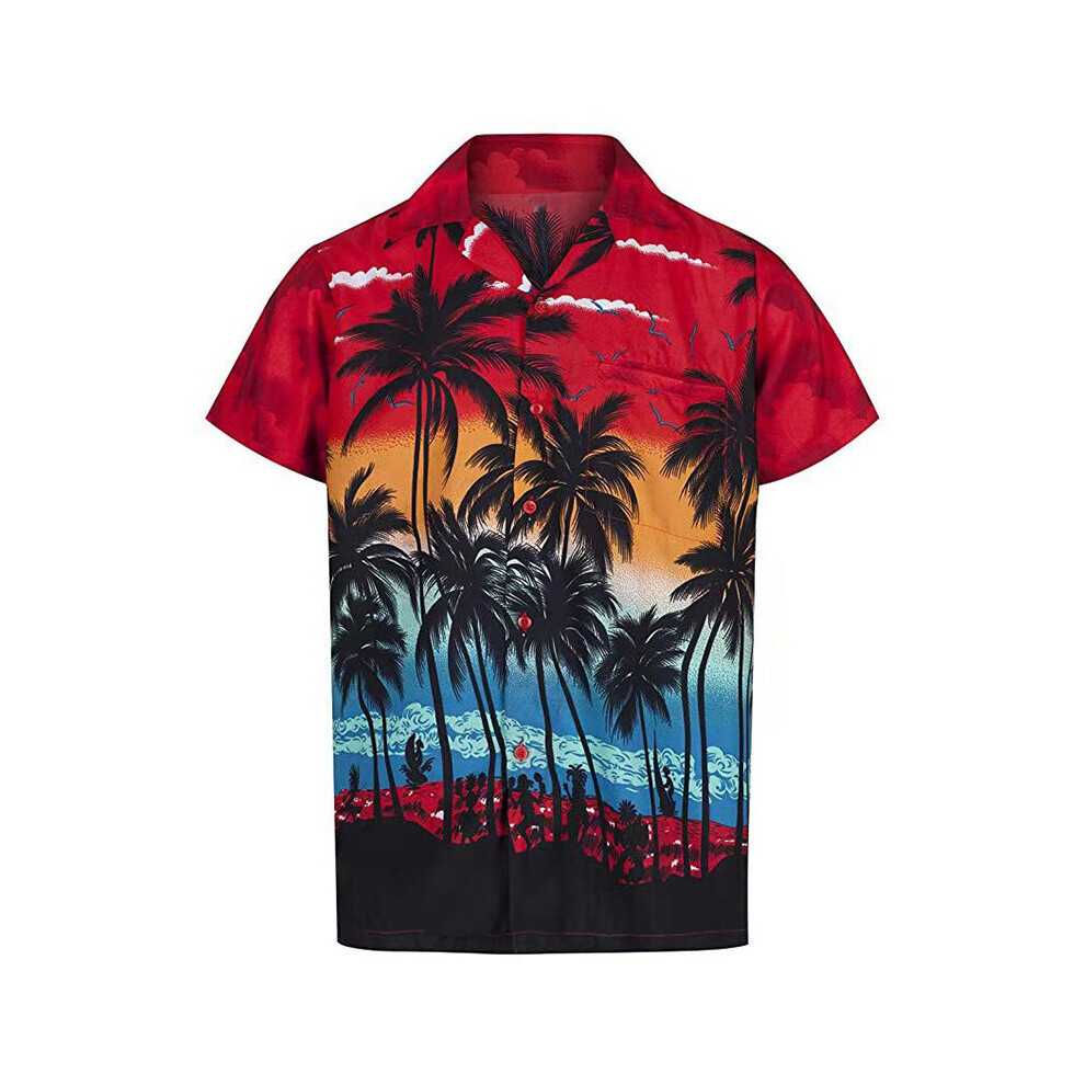 (Red, XL) Men Short Sleeve Hawaiian Dress Shirt Summer Casual Beach Holiday Party Tops Tee