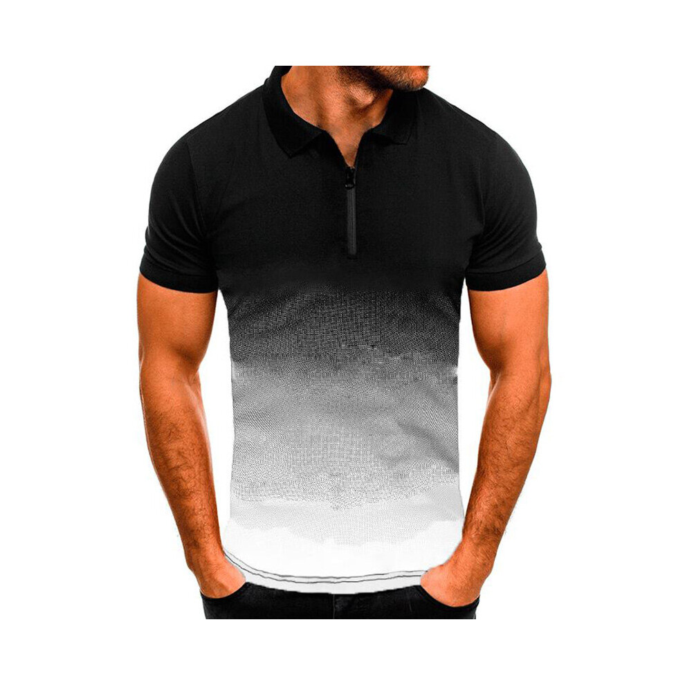 (White, 5XL) Men Gradient Zipper Short Sleeve Polo Shirt Casual Tops Blouse Pullover T-Shirts