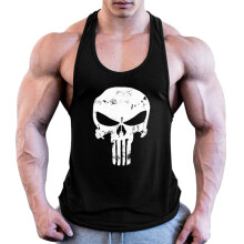 (Black, M) Men's Skull Printed Fitness Bodybuilding Tank Top Vest Sleeveless Shirt T-Shirt