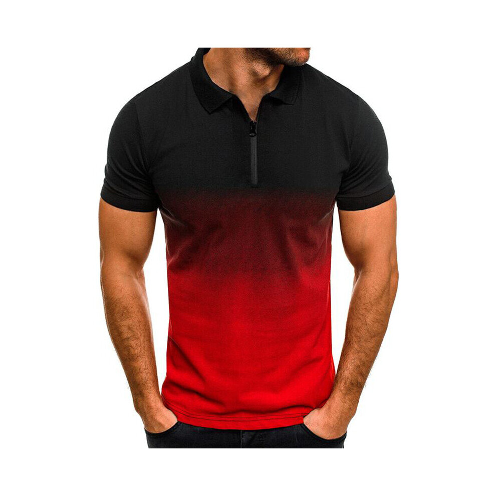 (Red, 3XL) Men Gradient Zipper Short Sleeve Polo Shirt Casual Tops Blouse Pullover T-Shirts