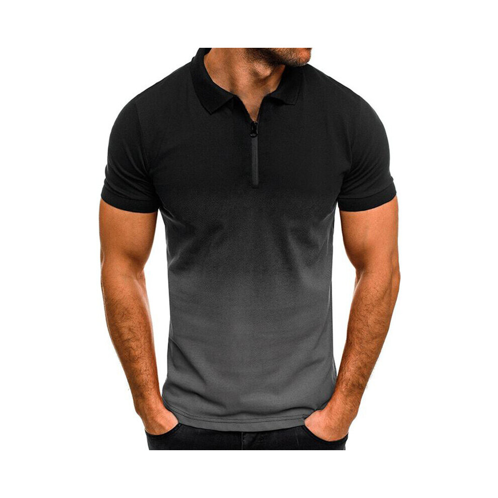 (Dark Gray, 2XL) Men Gradient Zipper Short Sleeve Polo Shirt Casual Tops Blouse Pullover T-Shirts