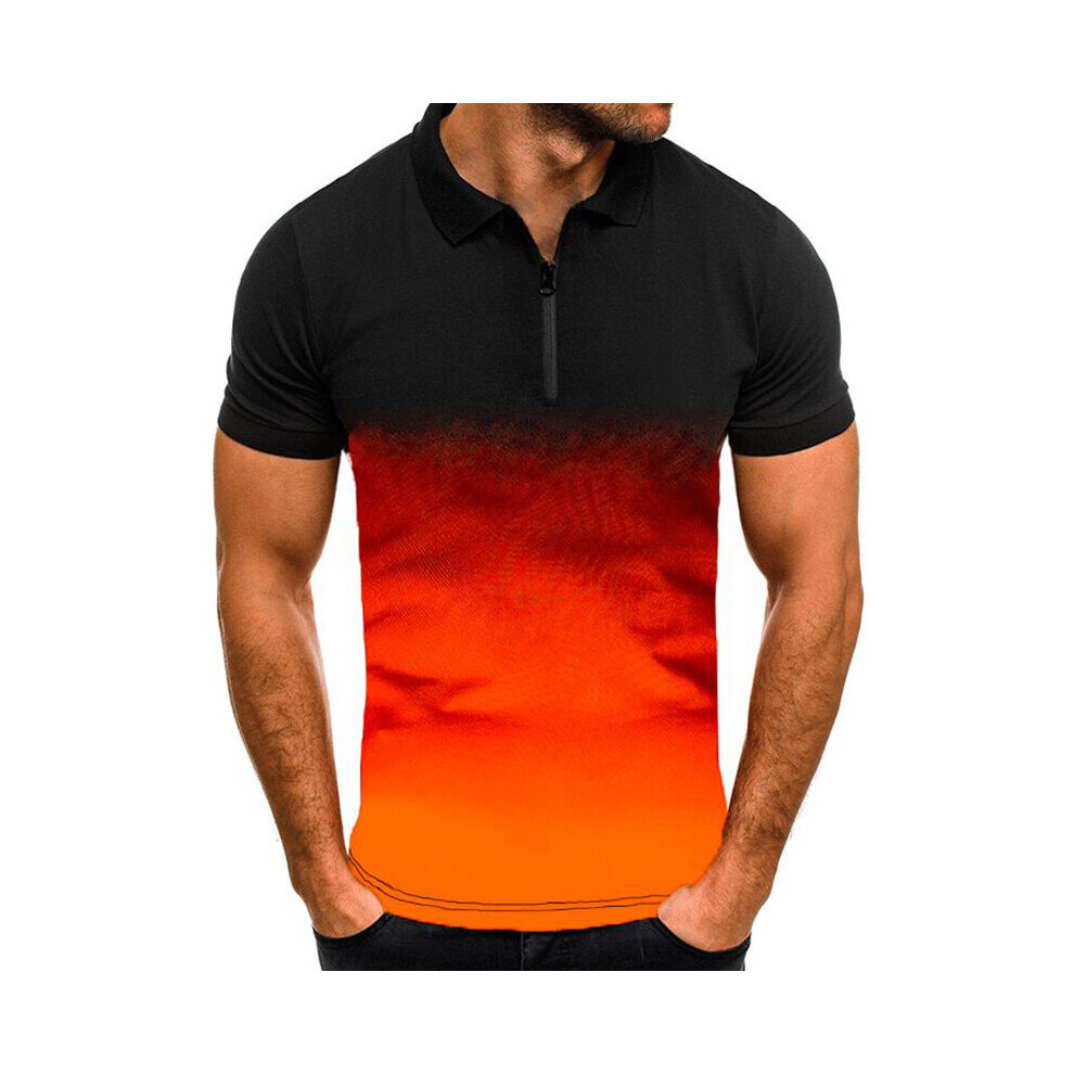 (Yellow, 3XL) Men Gradient Zipper Short Sleeve Polo Shirt Casual Tops Blouse Pullover T-Shirts