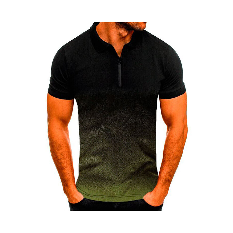 (Army Green, L) Men Gradient Zipper Short Sleeve Polo Shirt Casual Tops Blouse Pullover T-Shirts