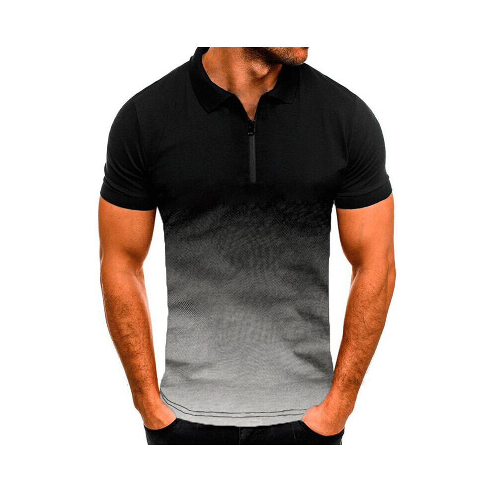 (Light Gray, 5XL) Men Gradient Zipper Short Sleeve Polo Shirt Casual Tops Blouse Pullover T-Shirts