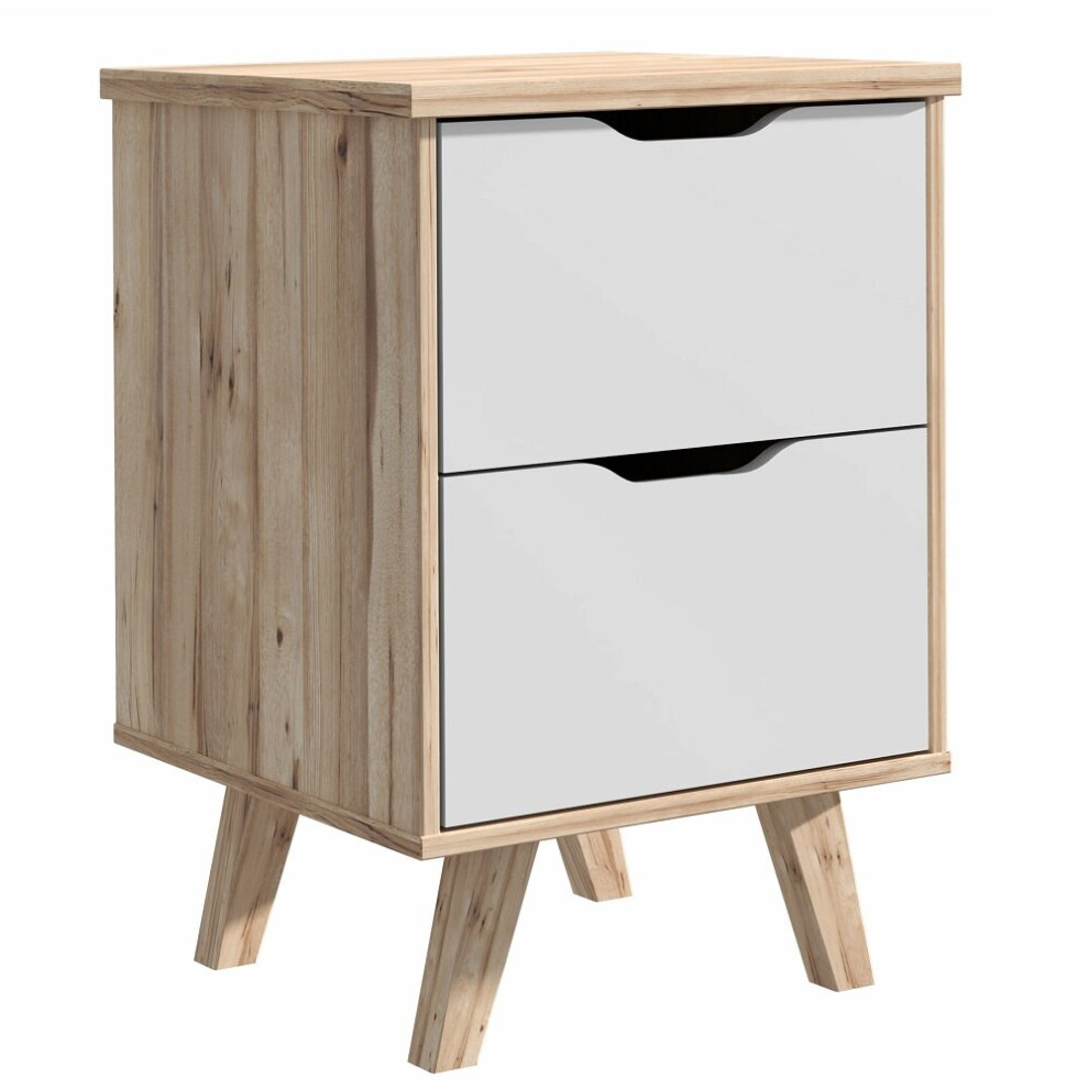 Scandinavian Style 2 Drawer Bedside Cabinet in Matt White & Light Oak