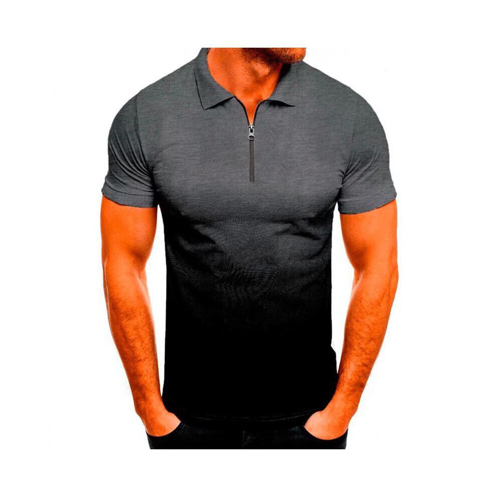 (Black, XL) Men Gradient Zipper Short Sleeve Polo Shirt Casual Tops Blouse Pullover T-Shirts