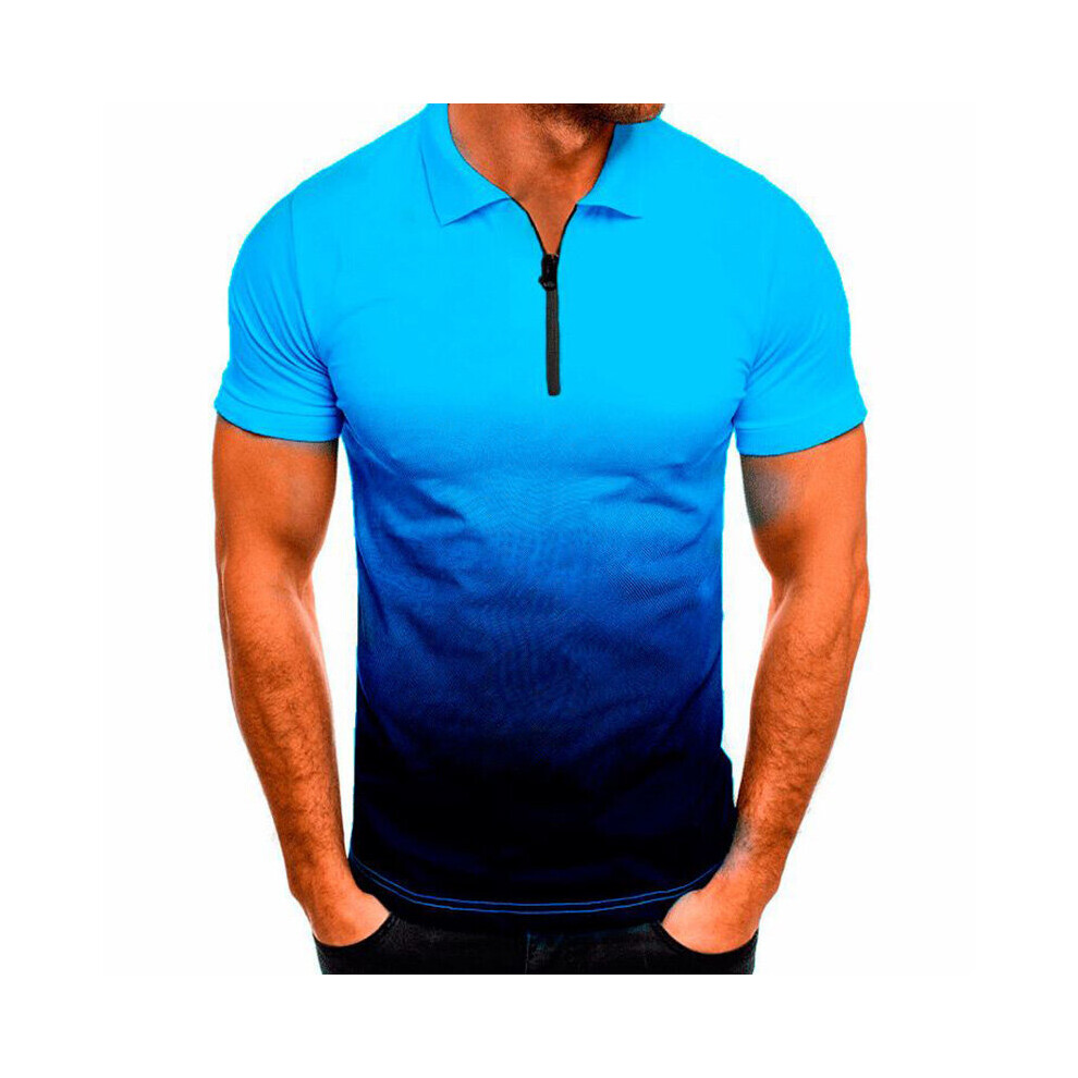 (Navy Blue, 4XL) Men Gradient Zipper Short Sleeve Polo Shirt Casual Tops Blouse Pullover T-Shirts