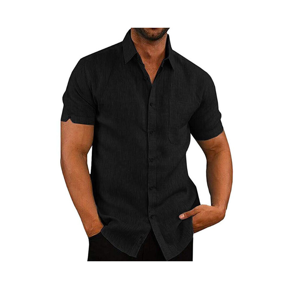 (Black, M) Men's Cotton Linen Casual Short Sleeve Shirt Loose Tops Blouse Tunic Button-Down