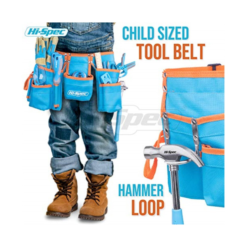 Hi-Spec 16 Piece Kid's Blue Tool Kit Set with Tool Belt. Real Metal DIY Hand Tools for Children & Starters Including Work Gloves, Dust Glasses & More
