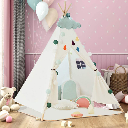 (Tent-Style 1) Kids Teepee Play Tent Cotton Canvas Indian Tipi
