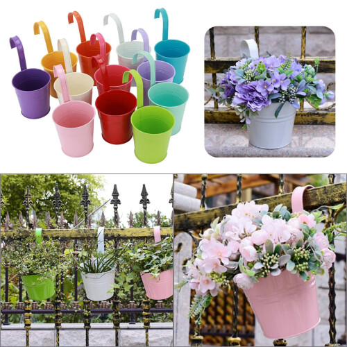 12x Garden Metal Flower Pots Plant Herb Wall Hanging Tin Basket Bucket Planter