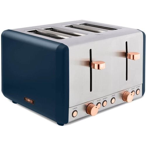 T20051MNB Cavaletto 4-Slice Toaster with Defrost/Reheat, Stainless Steel, 1800 W, Midnight Blue and Rose Gold