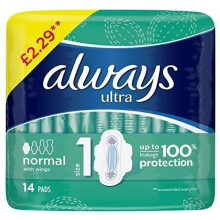Always Ultra Normal (Size 1) Sanitary Towels Wings 14 Pads (Pack of 4 x 14s)