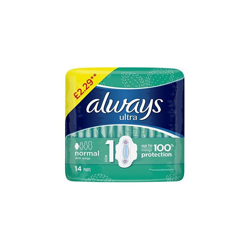 Always Ultra Normal (Size 1) Sanitary Towels Wings 14 Pads (Pack of 4 x 14s)