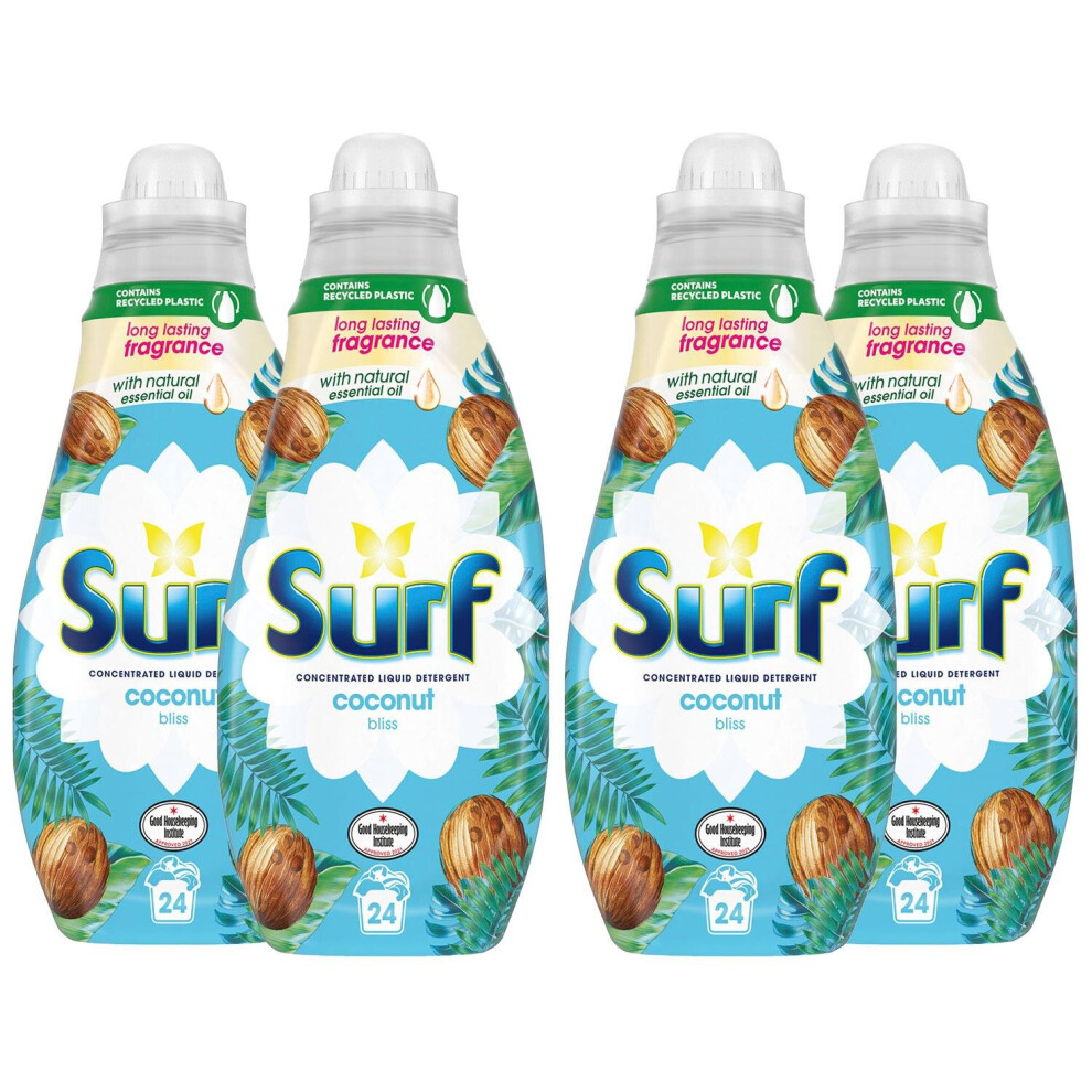 4x 24W Surf Coconut Bliss Lasting Fragrance Liquid Detergent 648ml