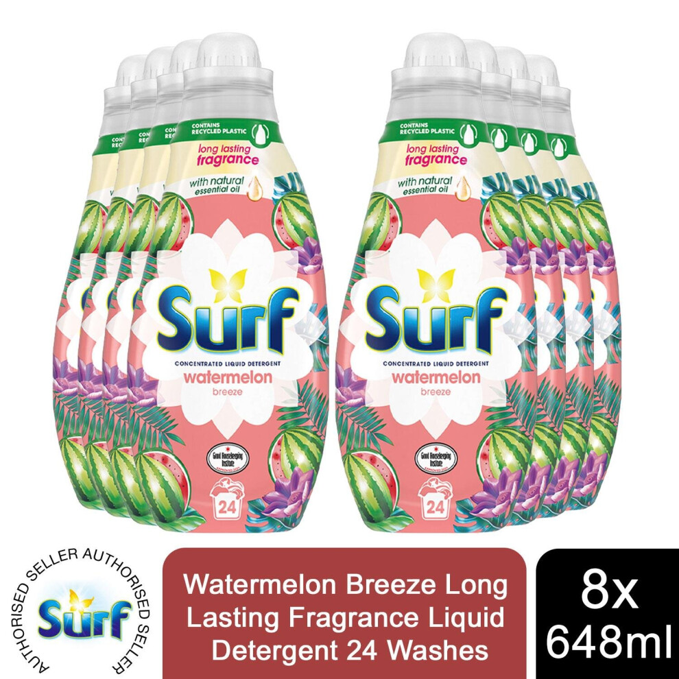 8x 24W Surf Watermelon Breeze LastingFragrance Liquid Detergent 648ml