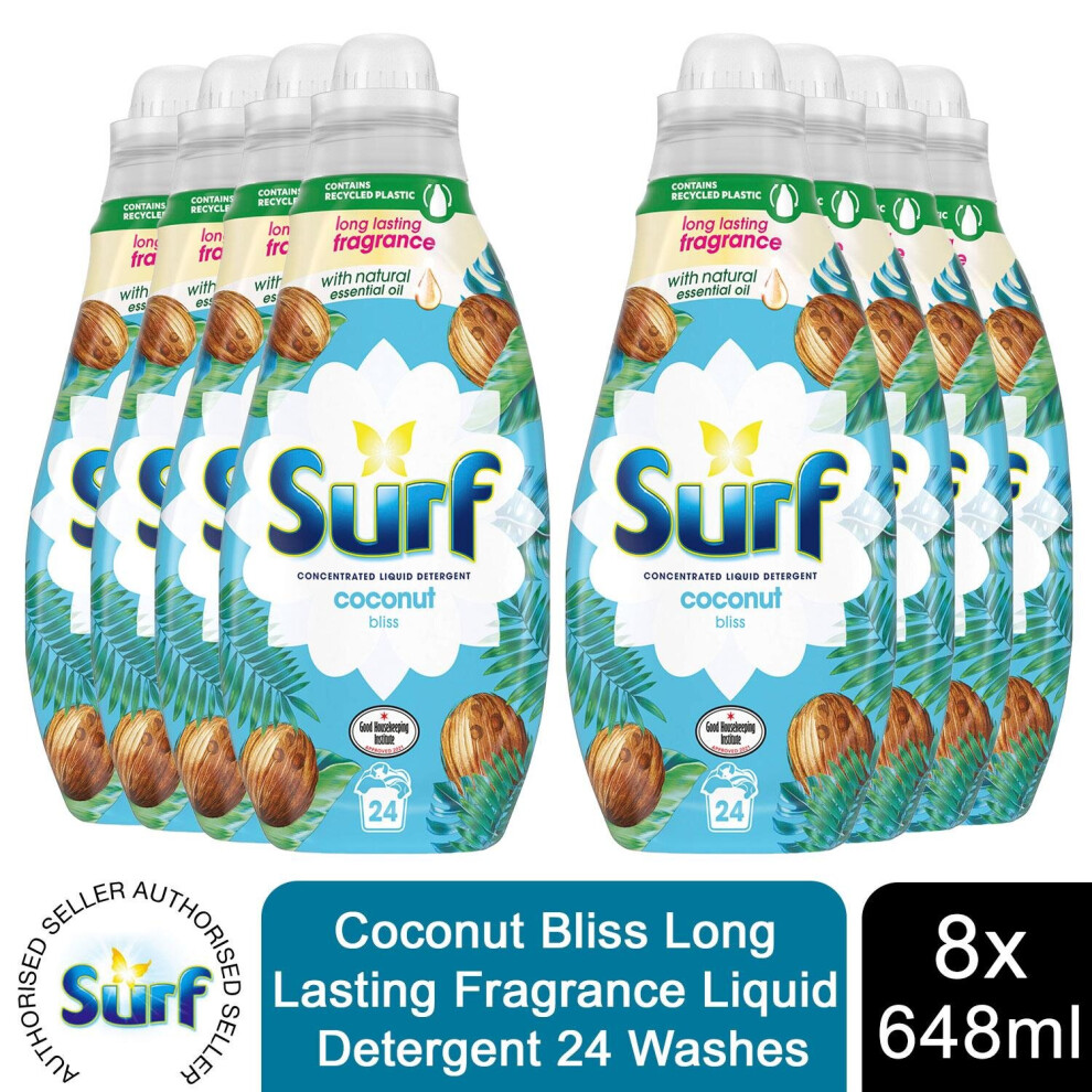 8x 24W Surf Coconut Bliss Lasting Fragrance Liquid Detergent 648ml