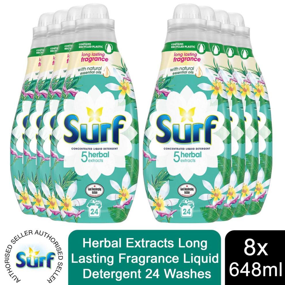 8x 24W Surf Herbal Extracts Lasting Fragrance Liquid Detergent 648ml