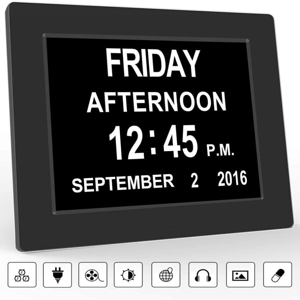 (Black) Calendar Memory Loss Day Clock with Digital Photo Frame, Extra Large Non-Abbreviated Day & Month