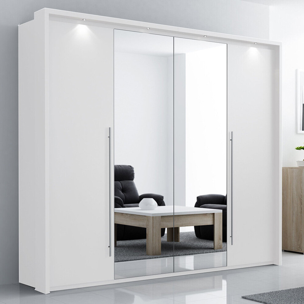 (White, 256cm) Modern Bedroom Sliding-Folding Door Wardrobe with Mirror DAKO 8 White or Grey