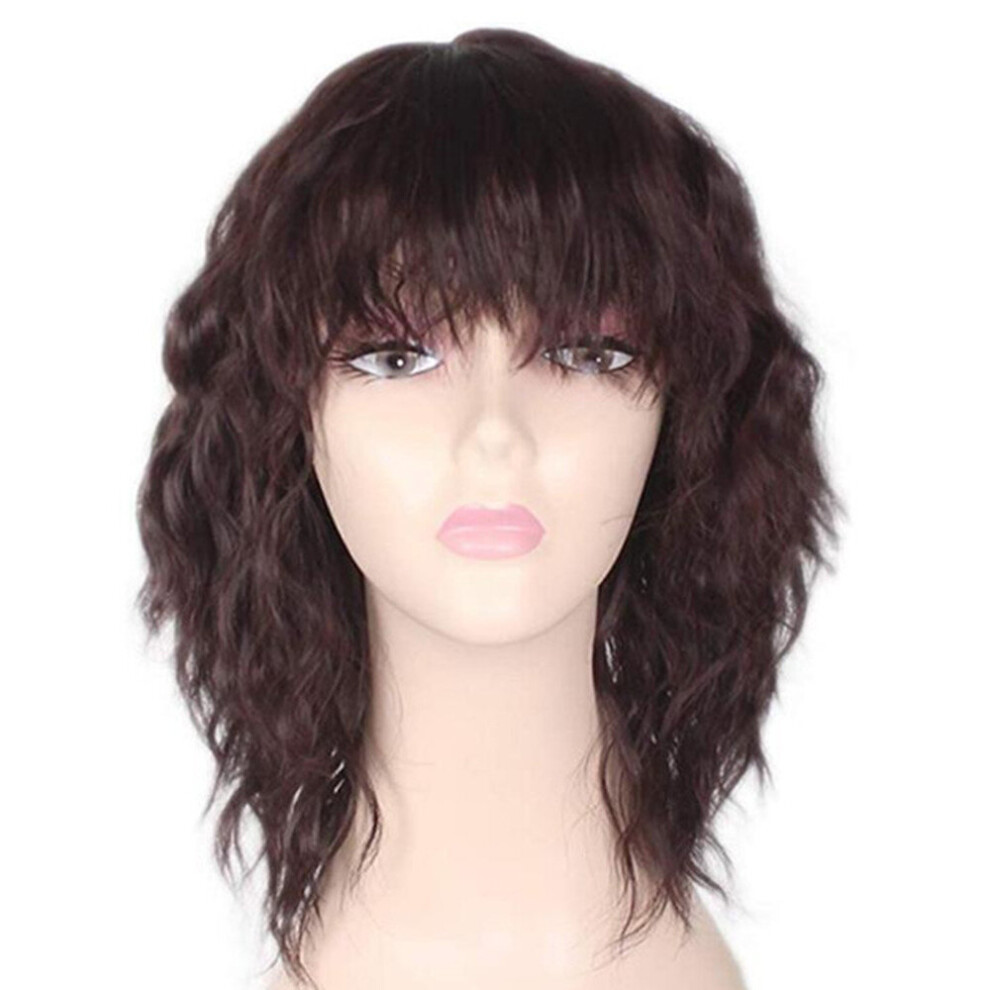 Women Natural Wavy Wigs Dark Brown Short Curly Wigs Synthetic Hair Wigs with Bangs