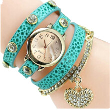 Women's Rhinestone Heartshaped Pendant Litchi Faux Leather Bracelet Wrist Watch