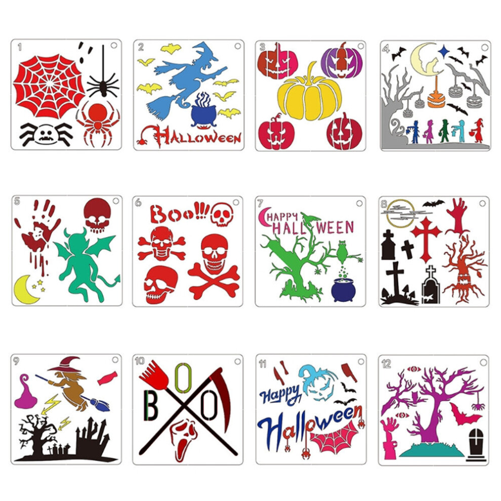 12Pcs/Set Reusable Painting Stencil Templates Diy Drawing Stencils Halloween Theme For Painting On Wood Wall Home Decor 774048609814
